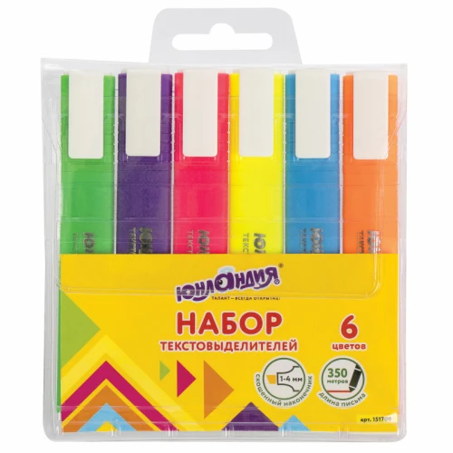 Набор текстовыделителей ЮНЛАНДИЯ скошенный, 1-4 мм, ассорти, 6 цветов