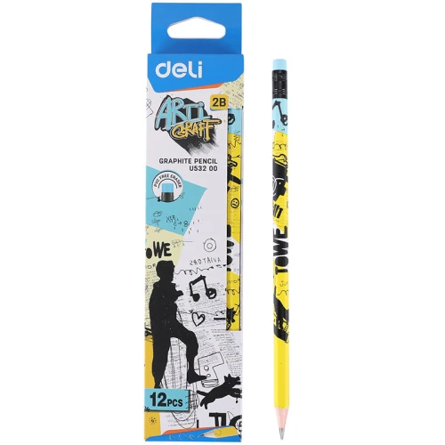 Карандаш чернографитный DELI "Arti Graff" 2B, с ластиком, шестигранный, ассорти