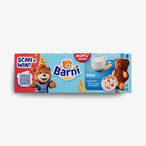 Пирожное бисквитное"Барни" с молочной начинкой 150 гр, 5 штук в коробке