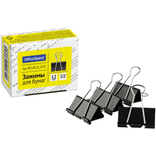 Зажим для бумаг OfficeSpace 15 мм, чёрные, 12 шт.