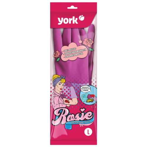 Перчатки YORK Роза латекс, хлопчатобумажное напыление, размер L, розовые, 1 пара