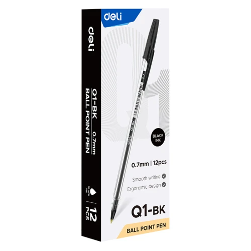 Ручка шариковая DELI "Think Q1" 0.7 мм, прозрачный корпус, черная