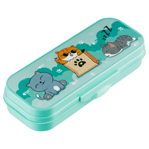 Пенал-футляр СТАММ "Коты" 215*90*43 мм, пластик, бирюзовый
