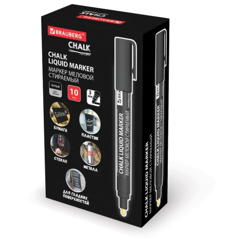 Маркер меловой BRAUBERG "CHALK" стираемый, 3 мм, черный