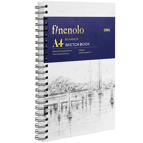 Скетчбук DELI "Finenolo ", А4, 60 л., 160 г/кв.м., жесткая подложка, на боковой спирали