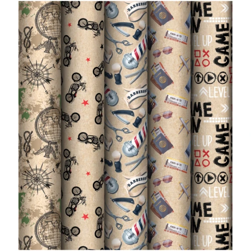 Упаковочная бумага крафт MESHU "Мужская территория" 70 г/м2, 70*100 см, 5 дизайнов