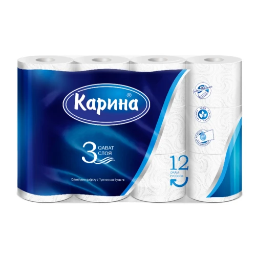 Туалетная бумага Карина 3-слойная, белая, 12 шт.
