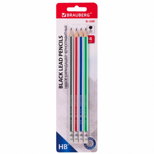 Карандаш чернографитный BRAUBERG "G-100" НВ, корпус ассорти, 4 шт.