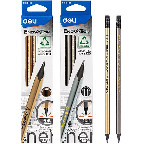 Карандаш DELI "EnoVation", НВ, с ластиком, трехгранный, ассорти