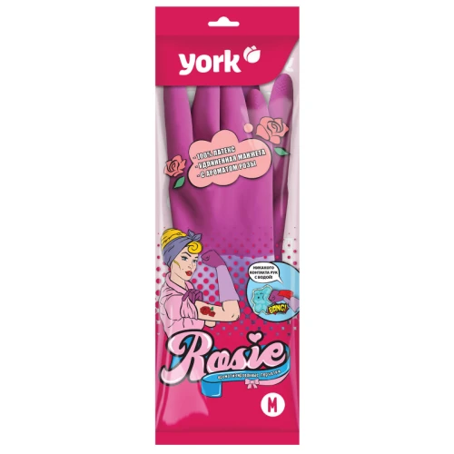 Перчатки YORK Роза латекс, хлопчатобумажное напыление, размер M, розовые, 1 пара