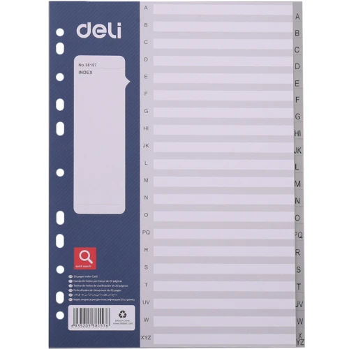 Разделитель листов DELI А4, A-Z, пластик, 20 листов, серый