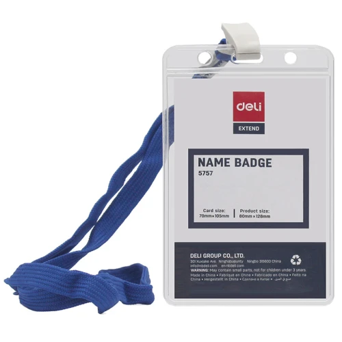 Бейдж вертикальный DELI 105*70 мм, лента с клипом, прозрачный