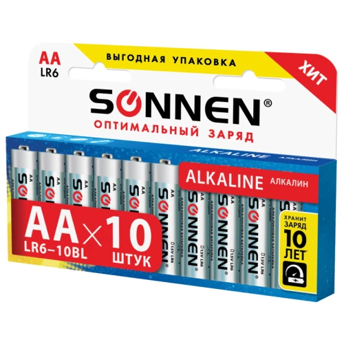 Батарейки SONNEN "Alkaline" AA (LR6, 15А) алкалиновые, 10 шт. в блистере