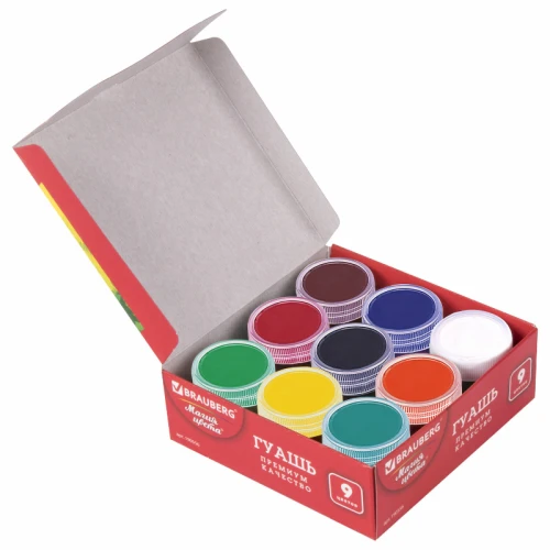 Гуашь BRAUBERG 9 цветов по 20 мл, картонная упаковка
