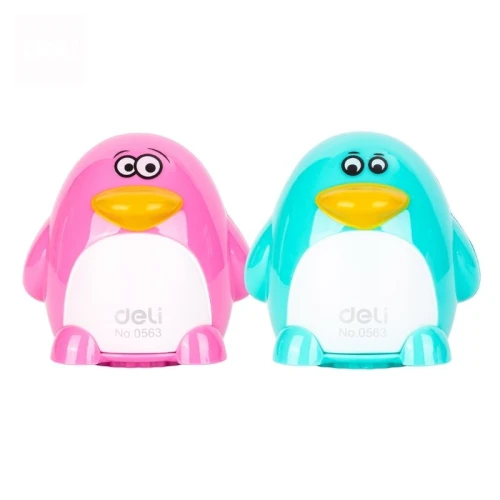 Точилка пластиковая DELI "Пингвин" 2 отверстия, контейнер, ассорти