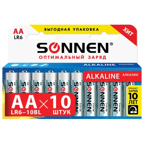 Батарейки SONNEN "Alkaline" AA (LR6, 15А) алкалиновые, 10 шт. в блистере