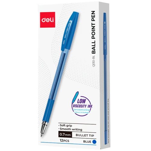 Ручка шариковая DELI "Q130" 0.7 мм, прозрачный корпус, резиновый грип, синяя