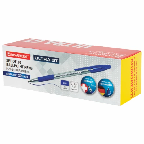 Ручка шариковая BRAUBERG "ULTRA GT" 1 мм, прозрачный корпус, синяя, 20 шт.