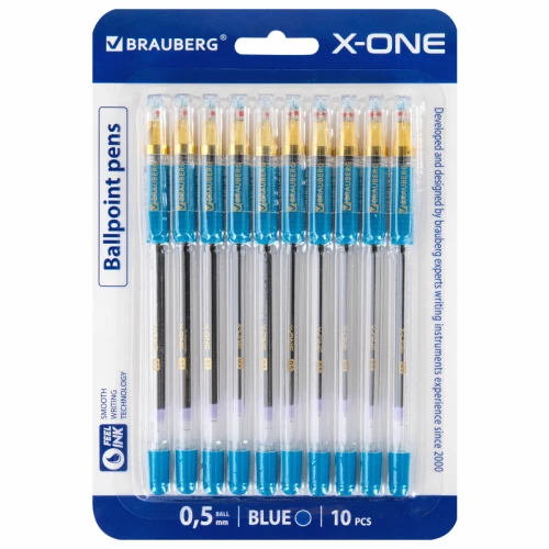 Ручка шариковая BRAUBERG "X-ONE" 0.5 мм, прозрачный корпус, синяя, 10 шт.