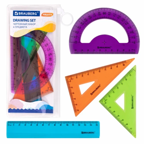Набор чертежный малый BRAUBERG "FRUITY" 4 предмета, ассорти, пенал