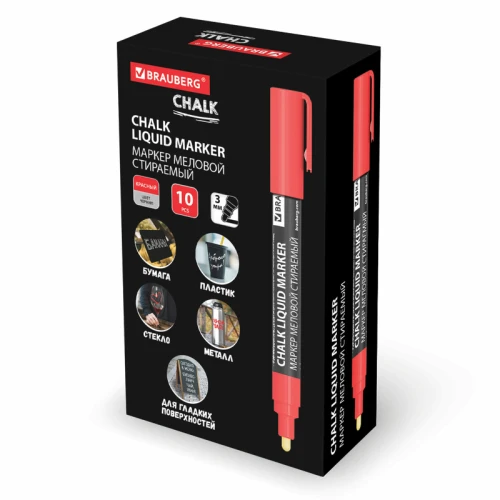 Маркер меловой BRAUBERG "CHALK" стираемый, 3 мм, красный