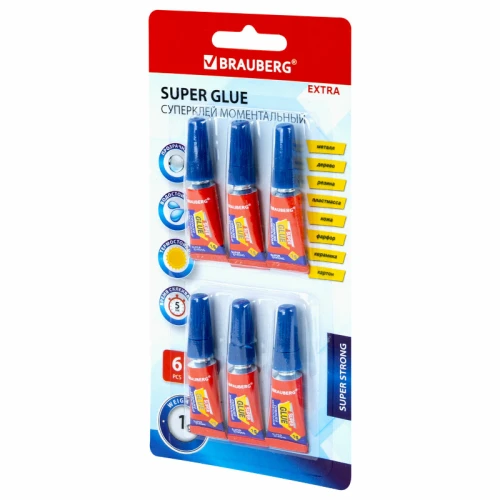 Клей моментальный BRAUBERG "EXTRA" суперпрочный, 1 гр, 6 шт. в упаковке