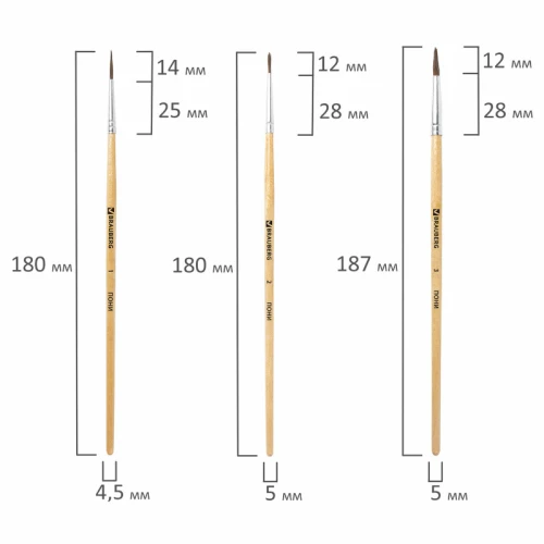 Набор кистей BRAUBERG из ворса пони, 5 шт.