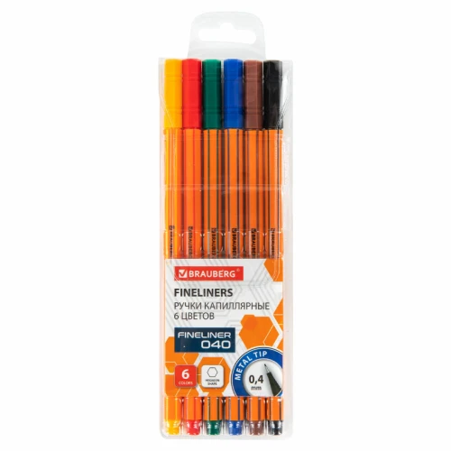 Набор капиллярных ручек BRAUBERG "FINE 40" 0.4 мм, оранжевый корпус, 6 цветов