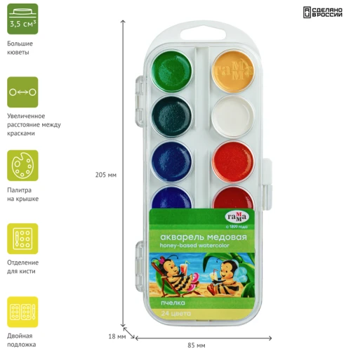Краски акварельные Гамма "Пчелка" медовые, 24 цвета