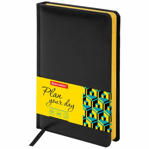 Ежедневник недатированный BRAUBERG "Rainbow" А5, кожзам, гибкий, 136 л., чёрный