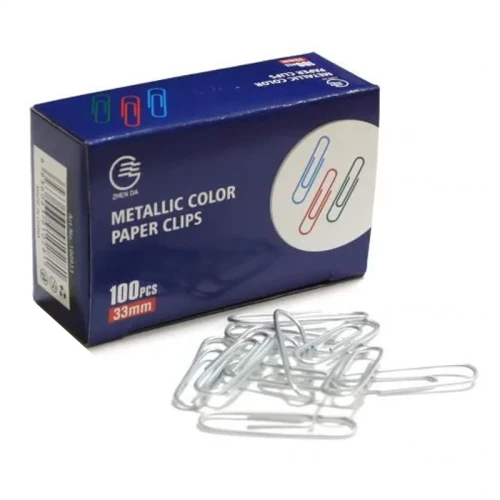 Скрепки канцелярские Zhenda 33 мм, металл с пластиковым покрытием, 100 шт. в картонной коробке