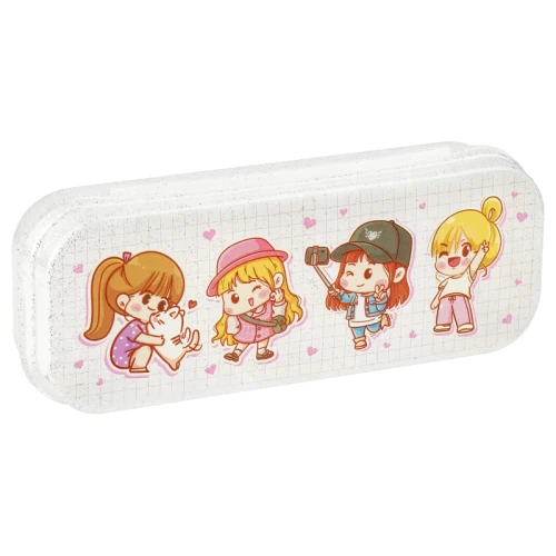 Пенал-футляр СТАММ "Подружки" 215*90*43 мм, прозрачный с блестками