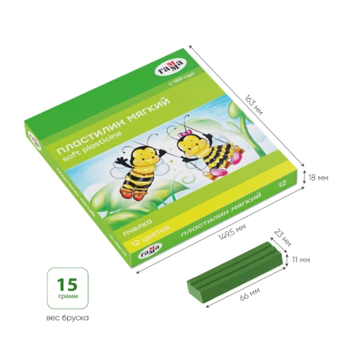 Пластилин Гамма "Пчелка" восковой, мягкий, 12 цветов, 180 гр, со стеком