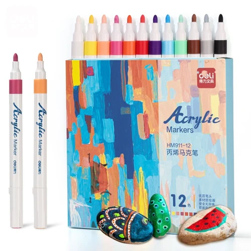Набор акриловых маркеров DELI пулевидный, 2-4 мм, 12 цветов, ассорти