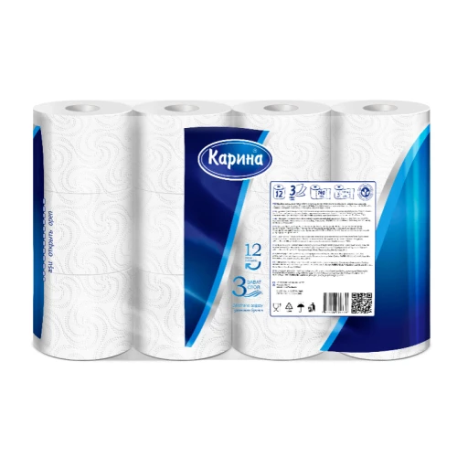 Туалетная бумага Карина 3-слойная, белая, 12 шт.