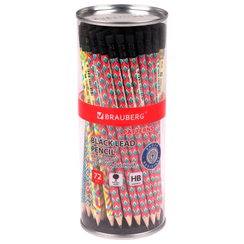 Карандаш чернографитный BRAUBERG "PATTERNS" с ластиком, круглый, ассорти