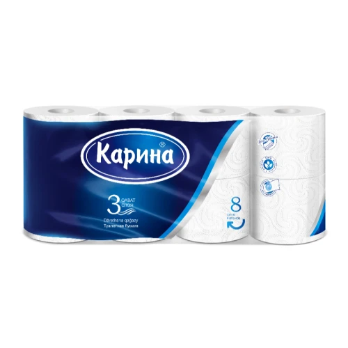 Туалетная бумага Карина 3-слойная, белая, 8 шт.