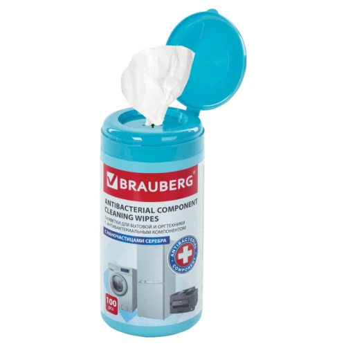 Салфетки чистящие влажные BRAUBERG антибактериальные, 100 шт в тубе