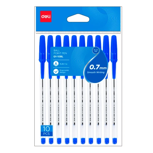 Ручка шариковая DELI "Think Q1" 0.7 мм, прозрачный корпус, синяя, 10 шт.