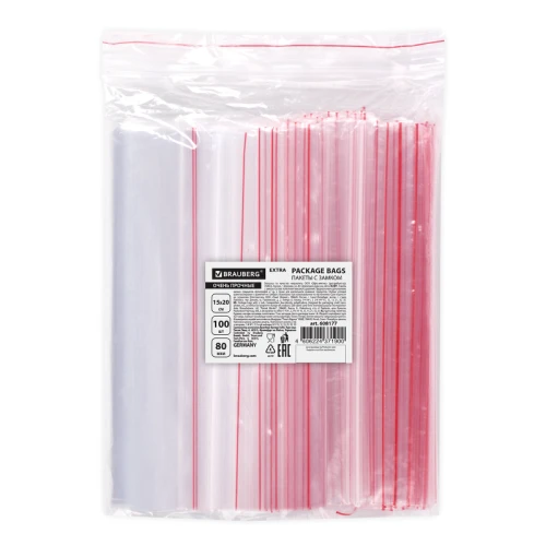 Пакеты ZIP LOCK "зиплок" BRAUBERG EXTRA 80 мкм, 150х200 мм, 100 шт.
