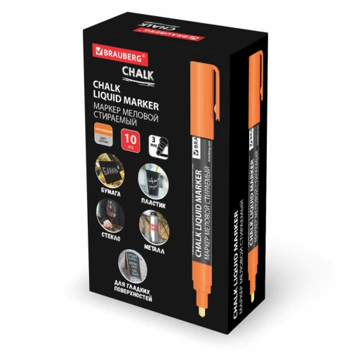 Маркер меловой BRAUBERG "CHALK" стираемый, 3 мм, оранжевый