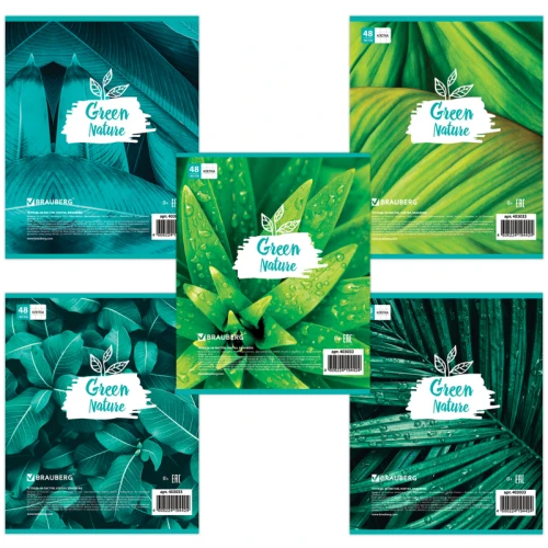 Тетрадь BRAUBERG "GREEN NATURE" А5, в клетку, 48 листов, ассорти