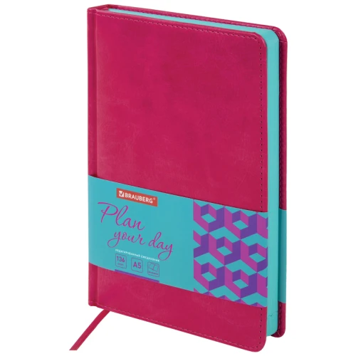 Ежедневник недатированный BRAUBERG "Rainbow" А5, кожзам, гибкий, 136 л., розовый