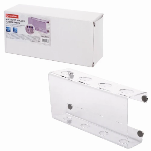 Держатель магнитный для 4 маркеров для доски BRAUBERG, 85*160 мм, прозрачный
