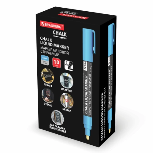 Маркер меловой BRAUBERG "CHALK" стираемый, 3 мм, синий
