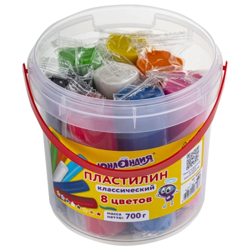 Пластилин ЮНЛАНДИЯ 8 цветов, ведро, 700 гр