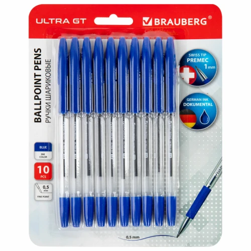 Ручка шариковая BRAUBERG "ULTRA GT" 1 мм, прозрачный корпус, синяя, 10 шт.