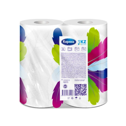Полотенца бумажные в рулонах Карина "Перья" 2-слойные, 21,5*11 см, 15 м, белые, 2 шт.