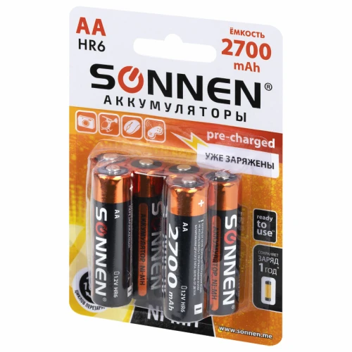 Батарейки аккумуляторные SONNEN АА (HR6) 2700 mAh, 6 шт. в блистере