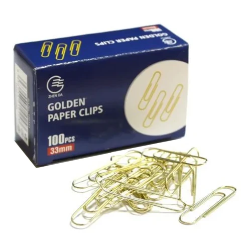 Скрепки канцелярские Zhenda 33 мм, металл, золотистые, 100 шт. в картонной коробке